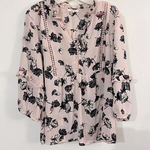 Maurice’s Floral Ruffle Collar &Sleeve V-Neck Boho Flowy Top Large